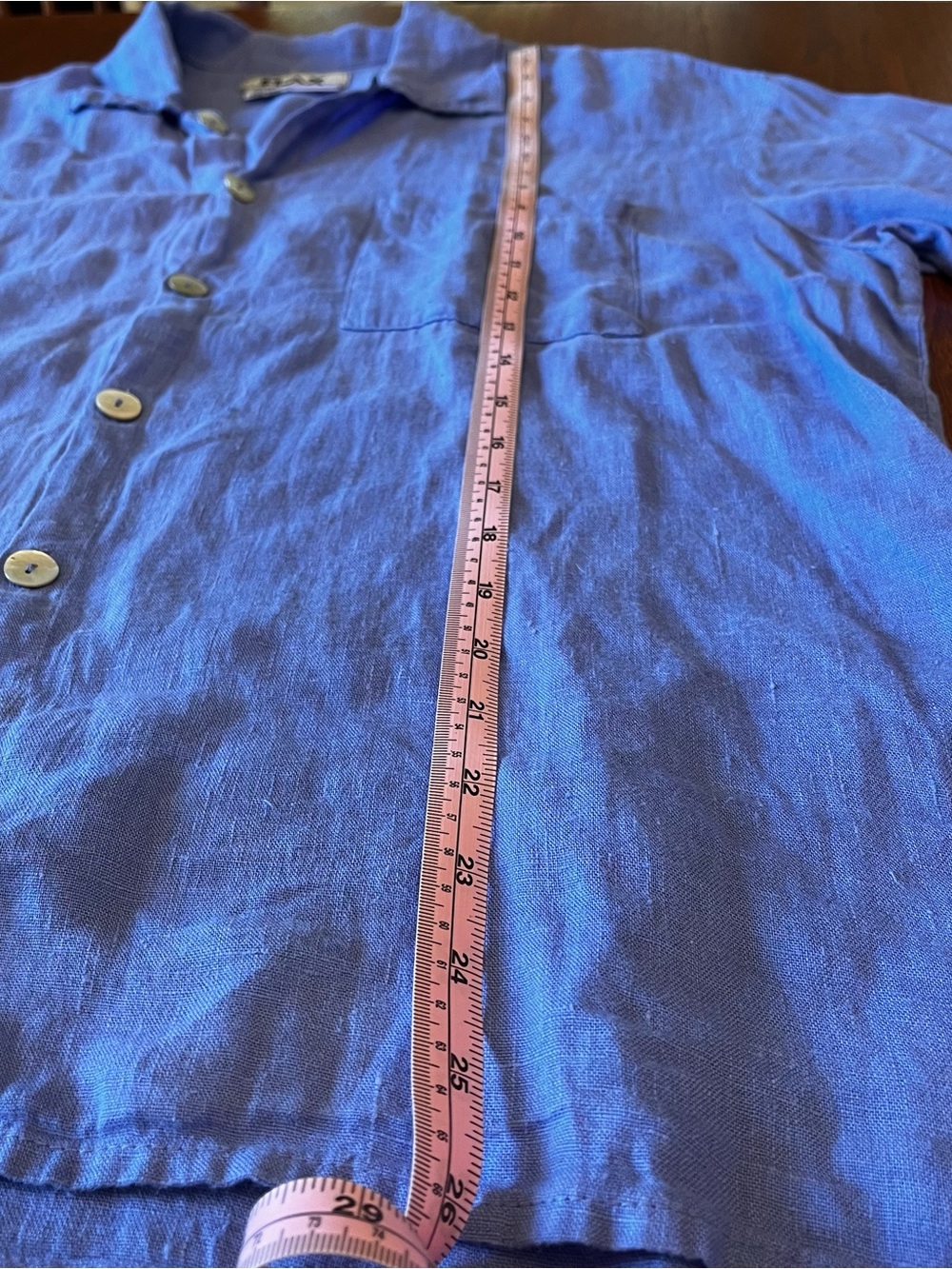 Flax Blue Linen Short-Sleeve Button-Down Shirt with Chest Pocket - Picture 5 of 6